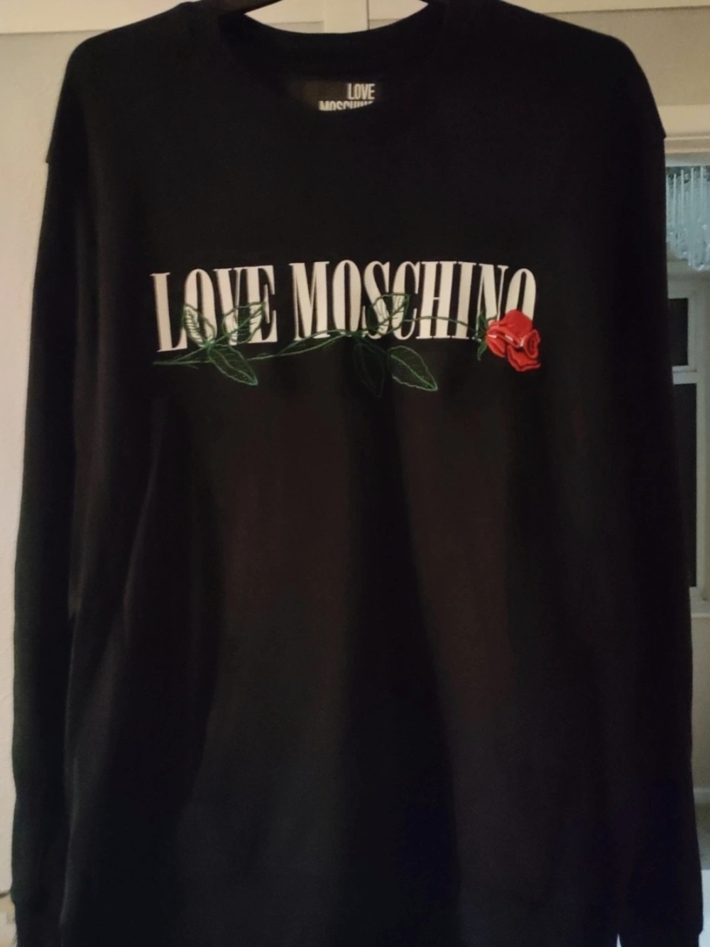 Moschino Black Sweatshirt with White Logo and Green Embroidered Vine